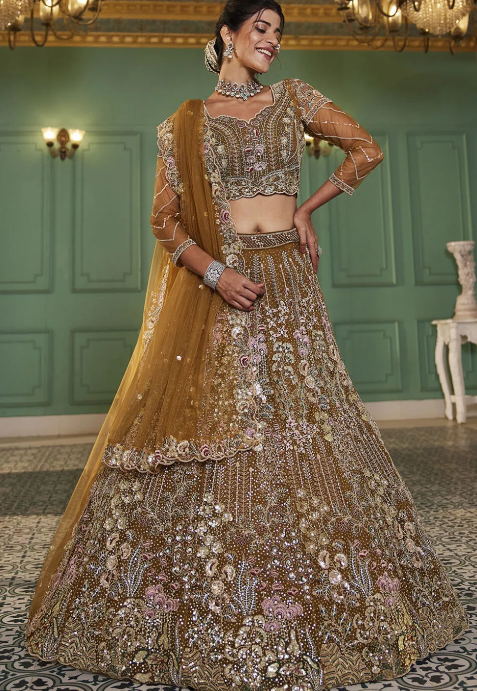 Embroidered Net Lehenga in Mustard