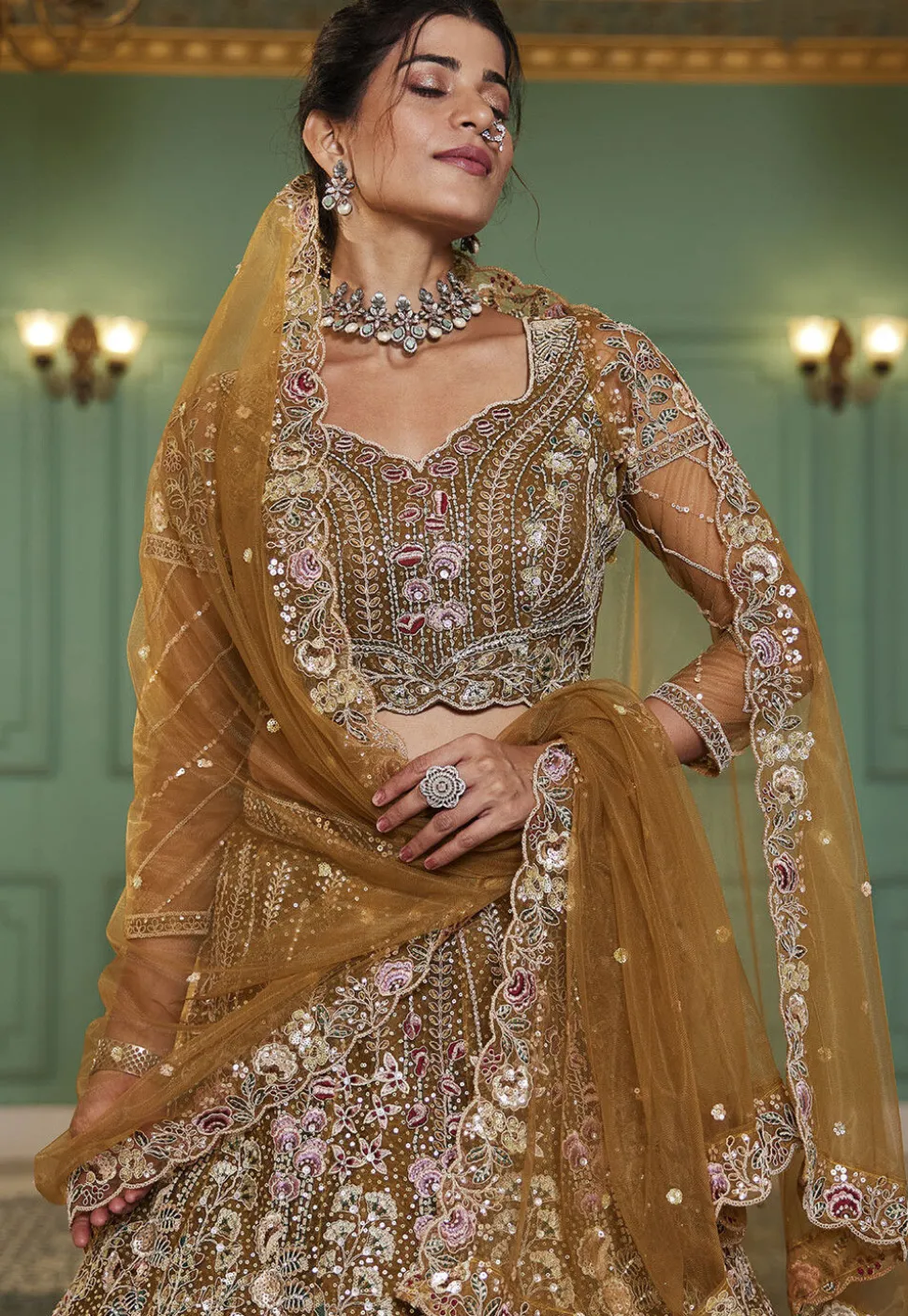 Embroidered Net Lehenga in Mustard
