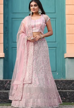 Embroidered Net Lehenga in Light Pink