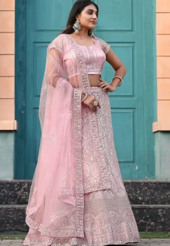 Embroidered Net Lehenga in Light Pink