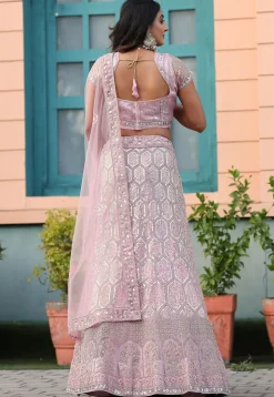 Embroidered Net Lehenga in Light Pink