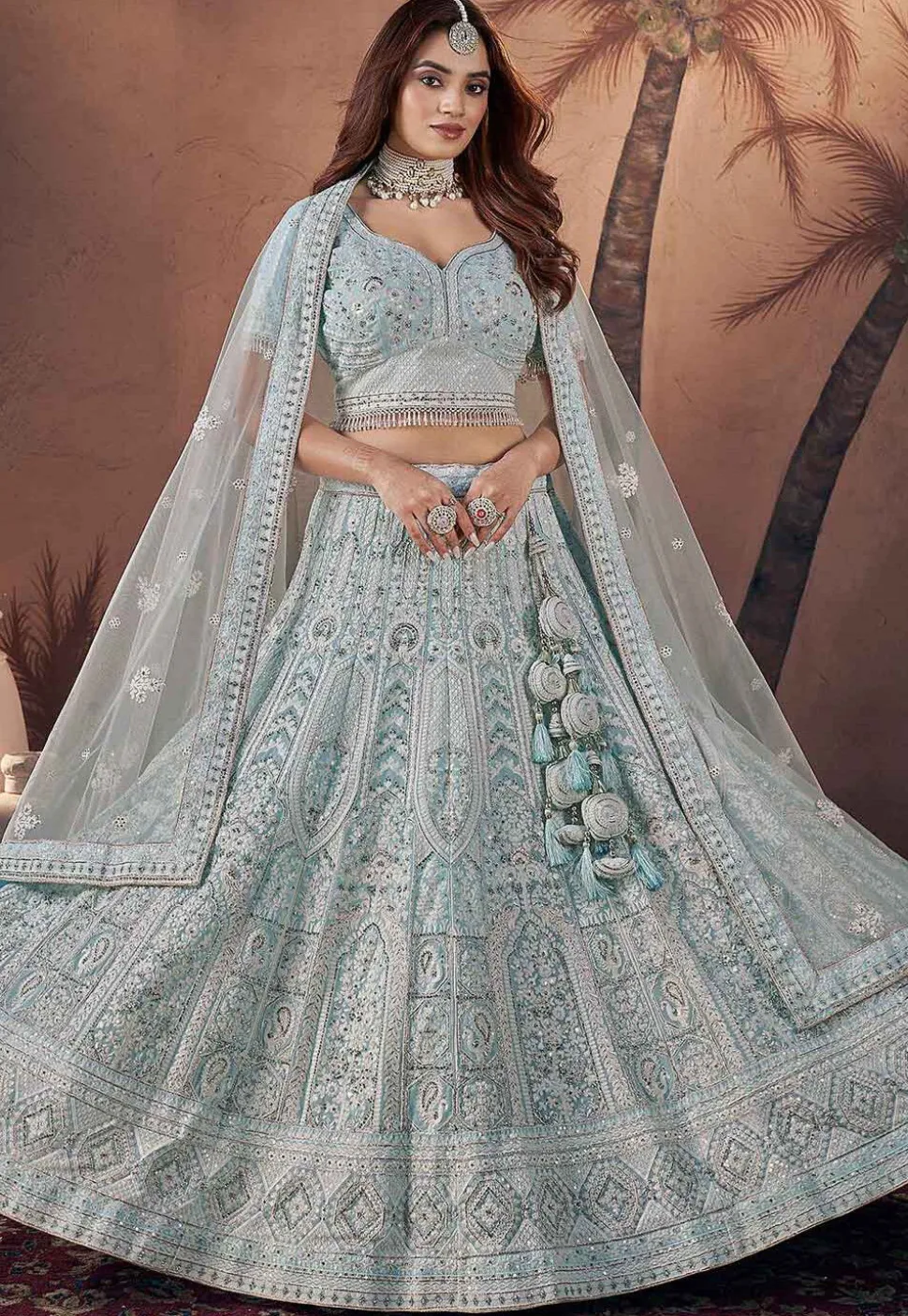 Embroidered Net Lehenga in Light Blue