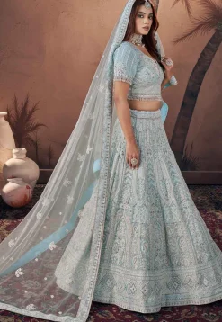 Embroidered Net Lehenga in Light Blue