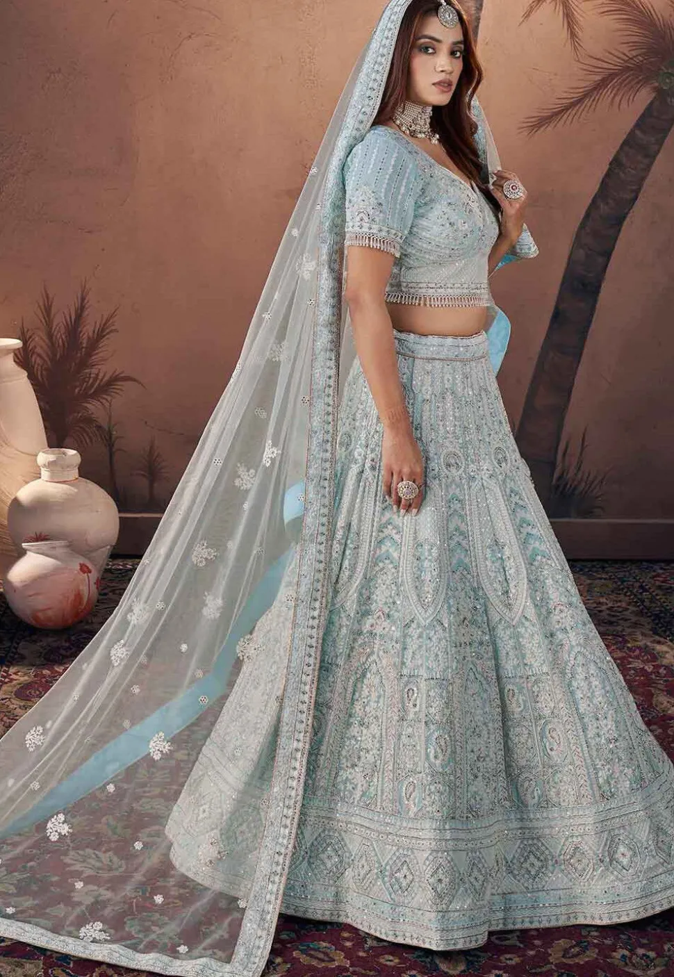 Embroidered Net Lehenga in Light Blue
