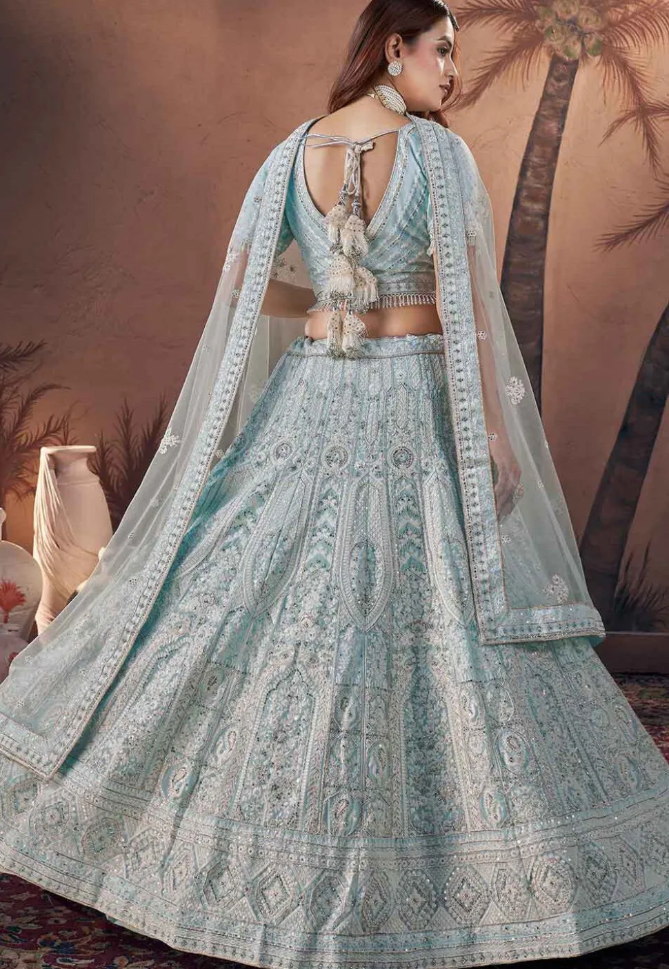 Embroidered Net Lehenga in Light Blue