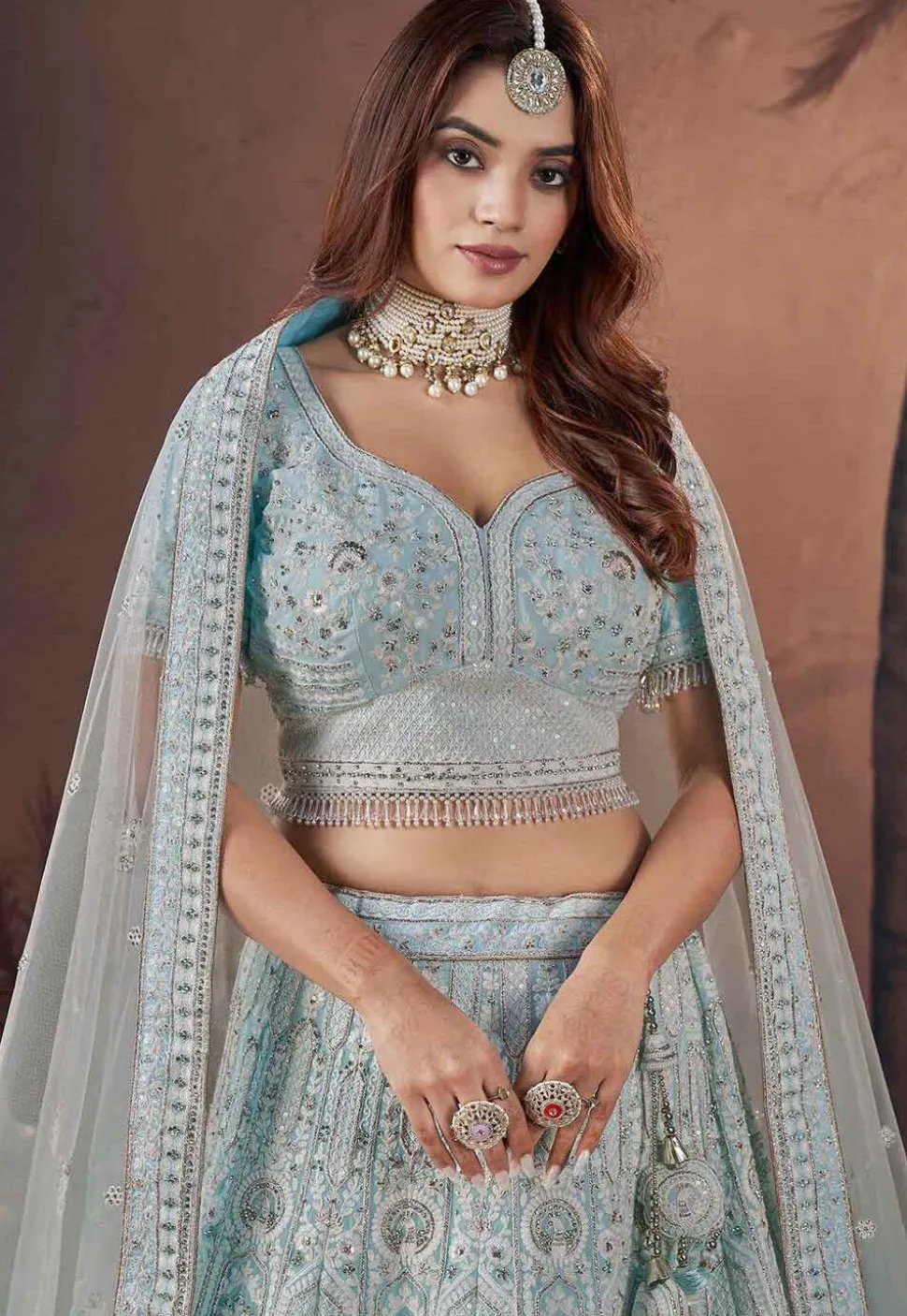 Embroidered Net Lehenga in Light Blue