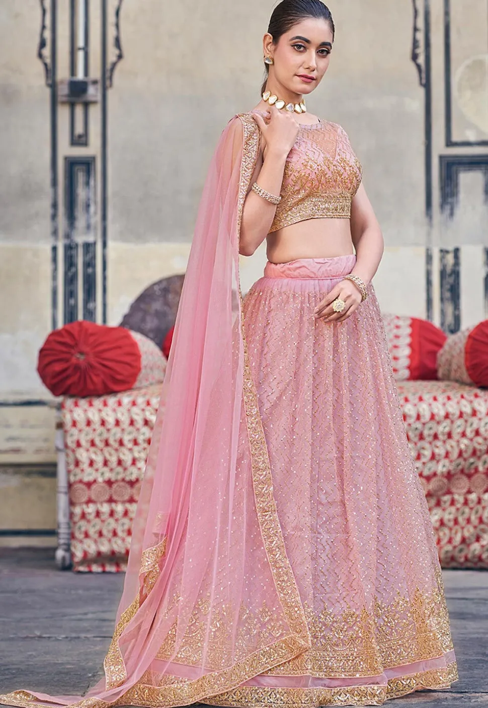 Embroidered Net Lehenga in Pink