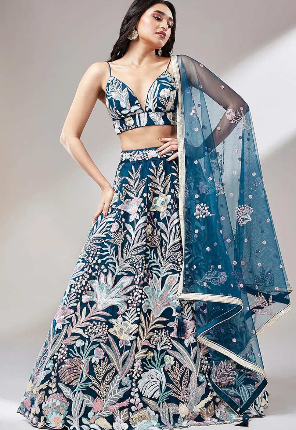 Embroidered Net Lehenga in Teal Blue