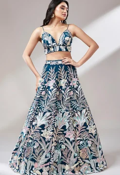 Embroidered Net Lehenga in Teal Blue