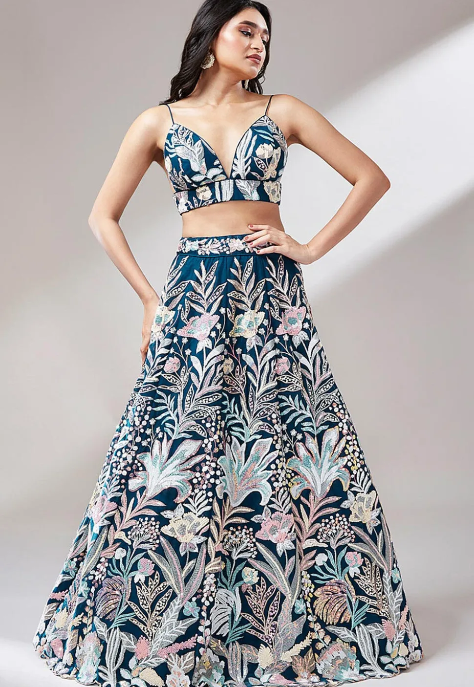 Embroidered Net Lehenga in Teal Blue