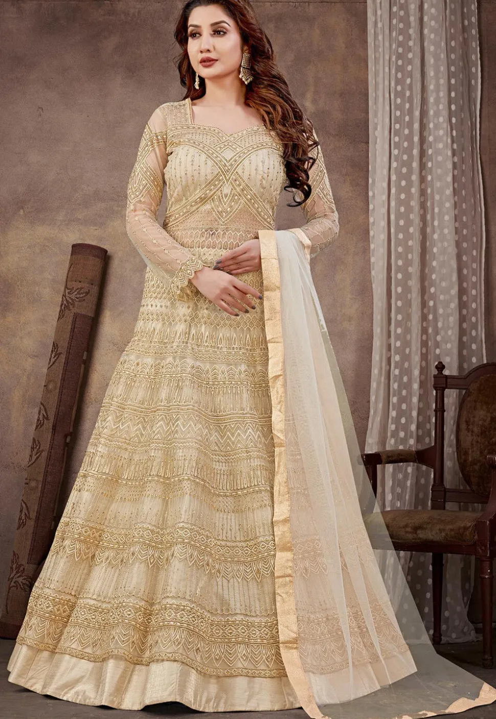 Embroidered Net Lehenga in Cream