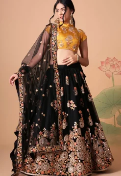 Embroidered Net Lehenga in Black