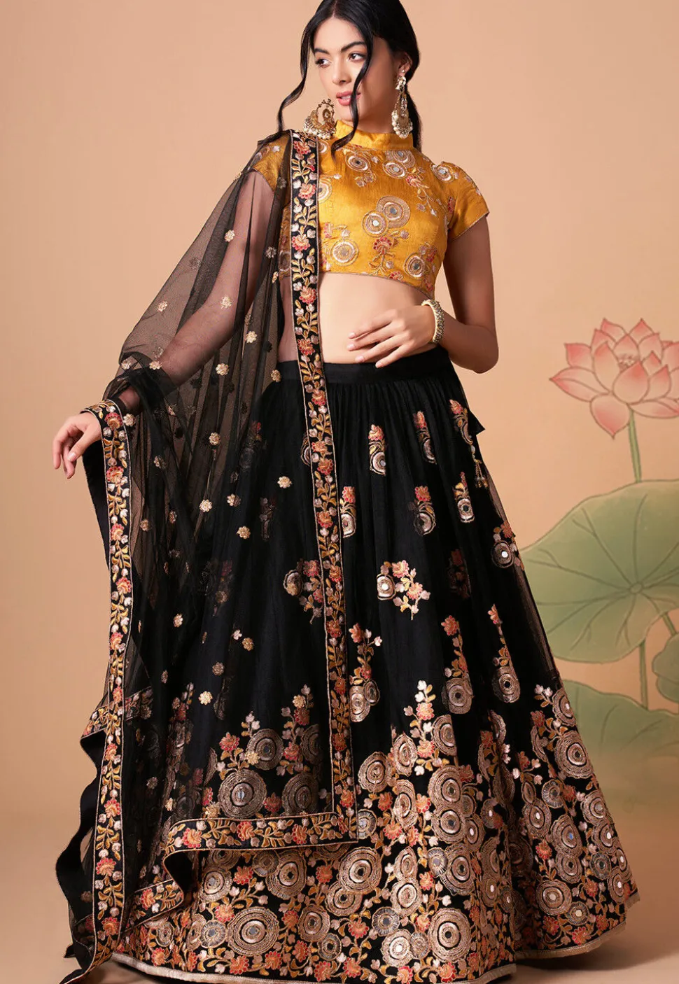 Embroidered Net Lehenga in Black