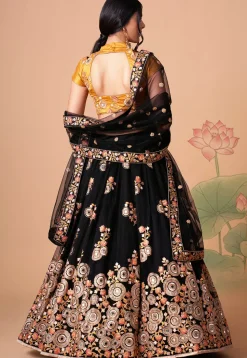 Embroidered Net Lehenga in Black
