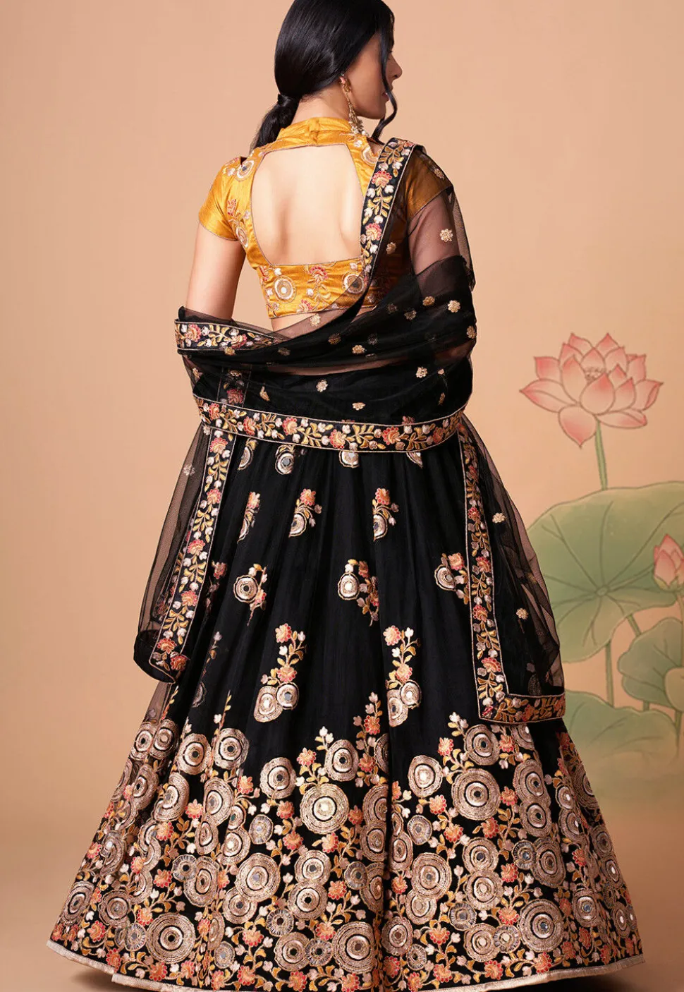 Embroidered Net Lehenga in Black