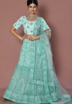 Embroidered Net Lehenga in Light Blue