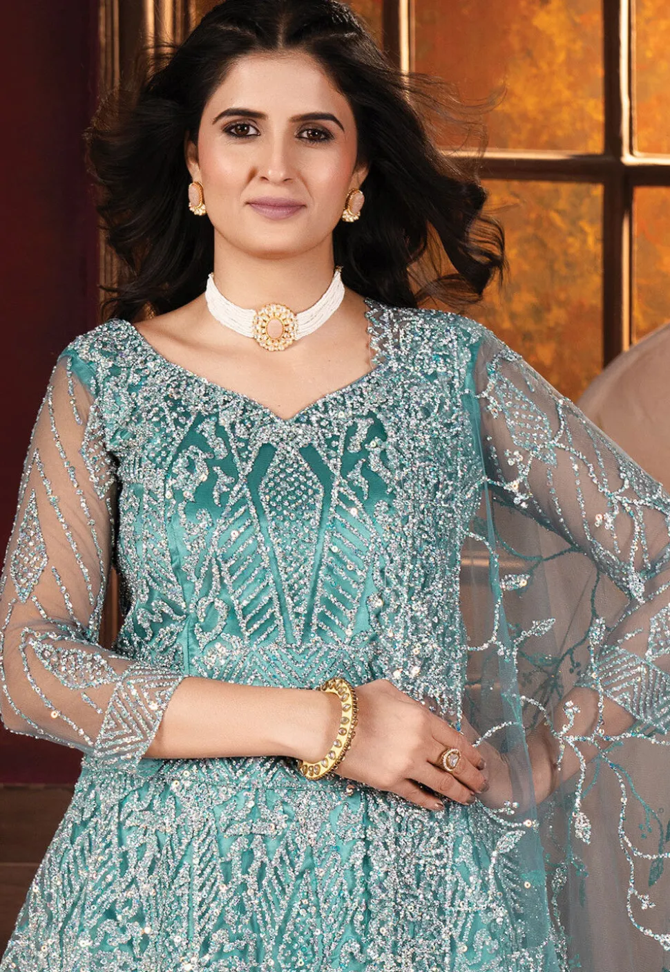 Embroidered Net Lehenga in Blue
