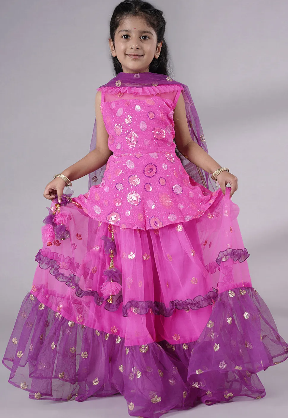 Embroidered Net Lehenga in Fuchsia and Purple
