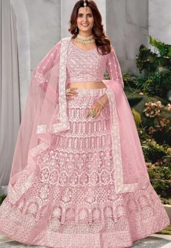 Embroidered Net Lehenga in Pink