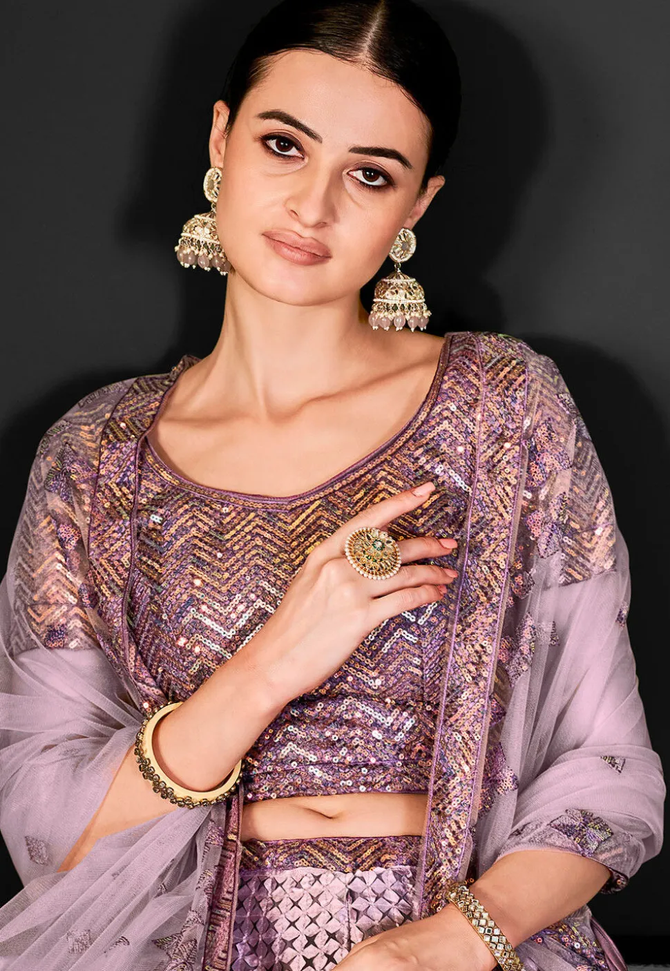 Embroidered Net Lehenga in Purple