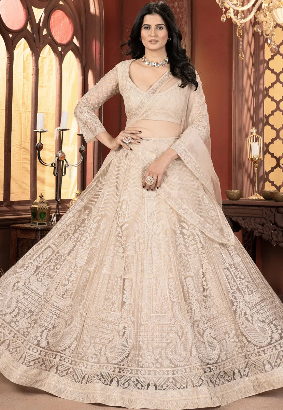 Embroidered Net Lehenga in Light Beige