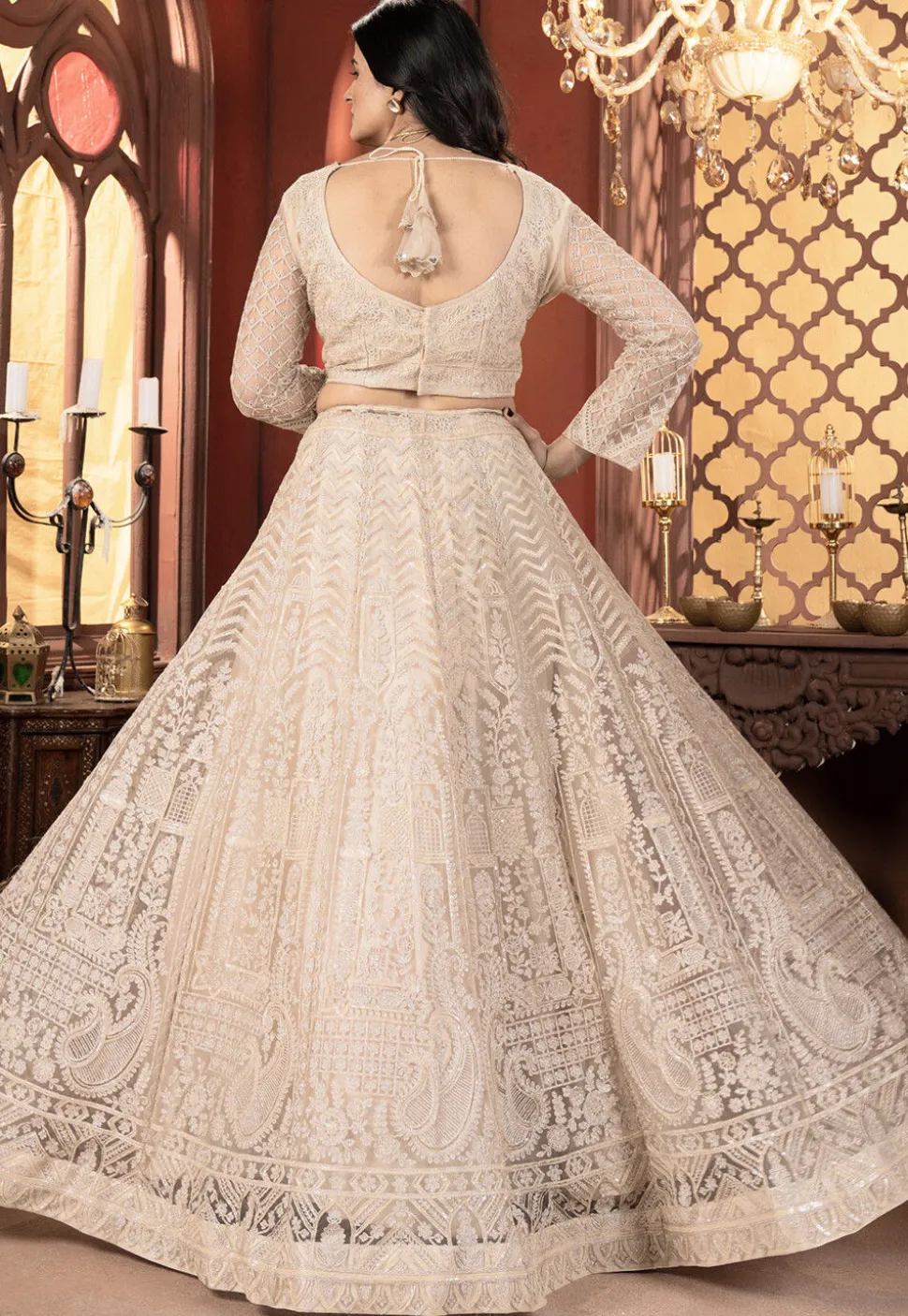 Embroidered Net Lehenga in Light Beige