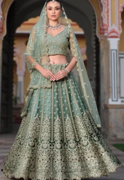 Embroidered Net Lehenga in Dusty Green