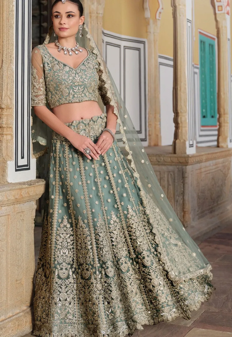 Embroidered Net Lehenga in Dusty Green
