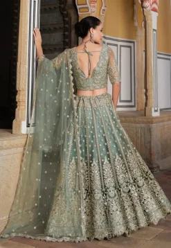 Embroidered Net Lehenga in Dusty Green