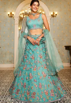 Embroidered Net Lehenga in Turquoise