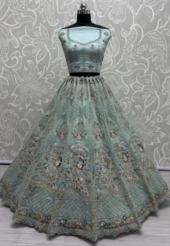 Embroidered Net Lehenga in Light Blue