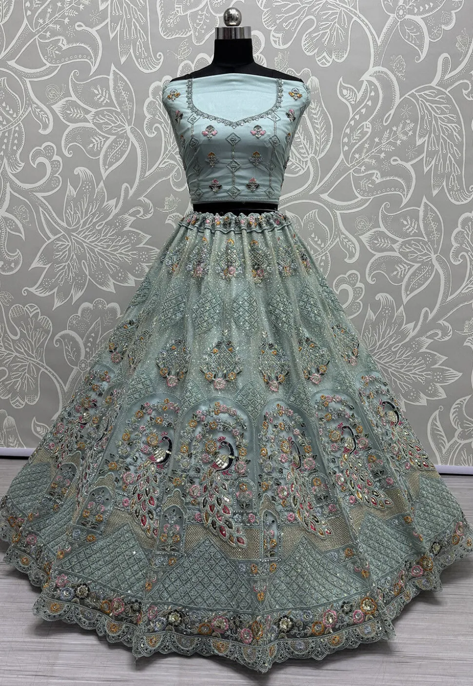 Embroidered Net Lehenga in Light Blue