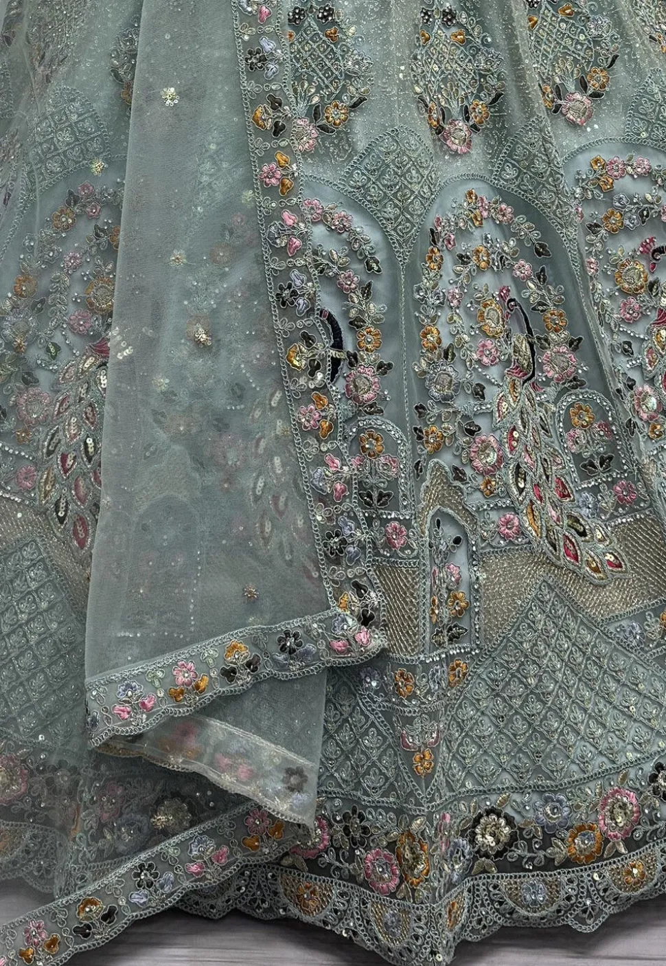 Embroidered Net Lehenga in Light Blue