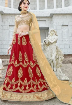 Embroidered Net Lehenga in Red