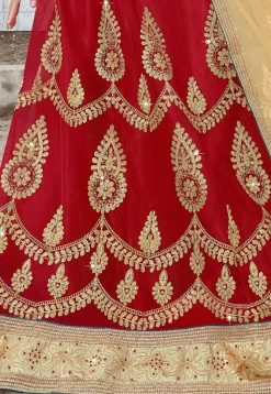 Embroidered Net Lehenga in Red
