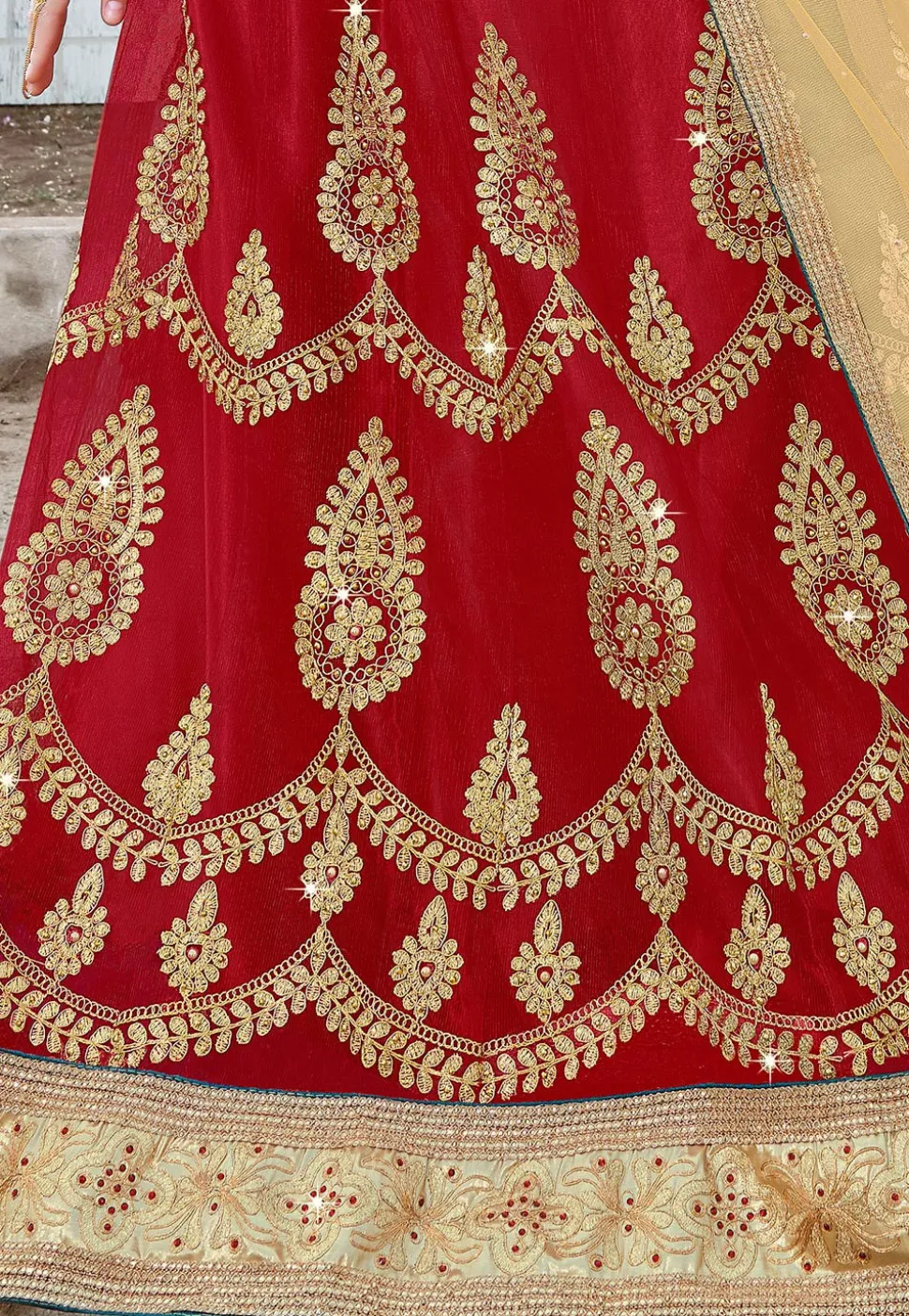 Embroidered Net Lehenga in Red