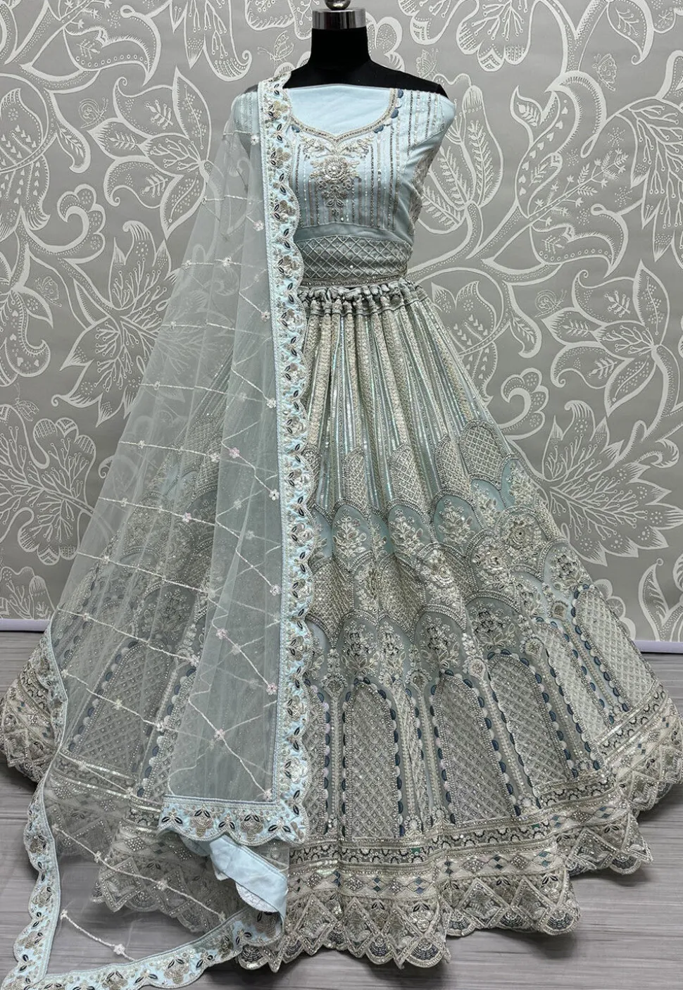 Embroidered Net Lehenga in Pastel Blue