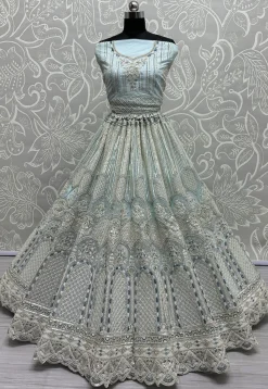 Embroidered Net Lehenga in Pastel Blue