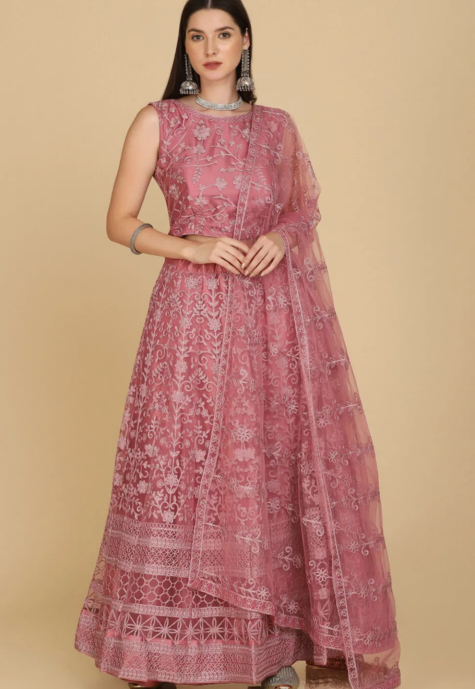 Embroidered Net Lehenga in Pink