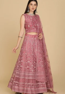 Embroidered Net Lehenga in Pink