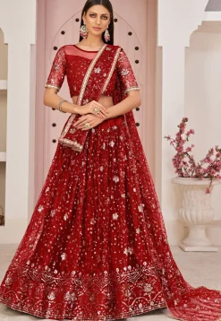 Embroidered Net Lehenga in Red