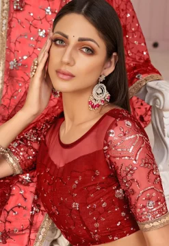 Embroidered Net Lehenga in Red