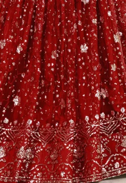 Embroidered Net Lehenga in Red