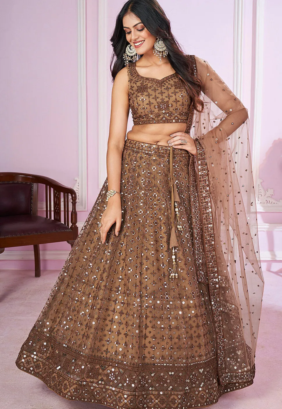 Embroidered Net Lehenga in Brown