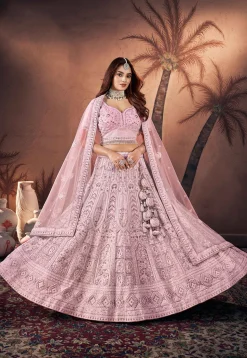 Embroidered Net Lehenga in Pink