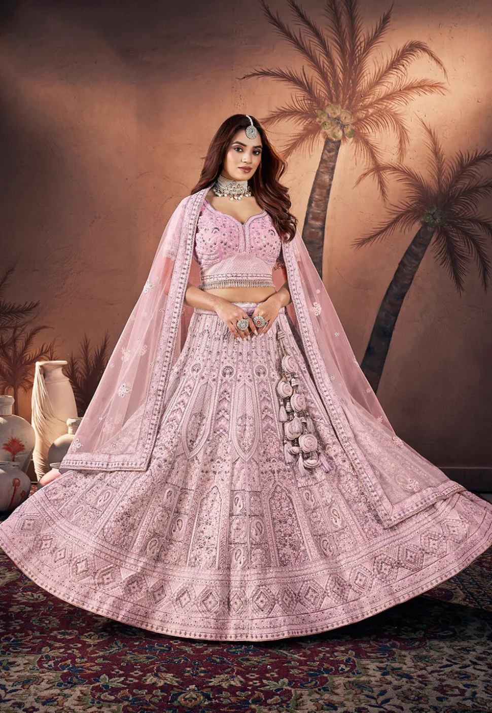 Embroidered Net Lehenga in Pink