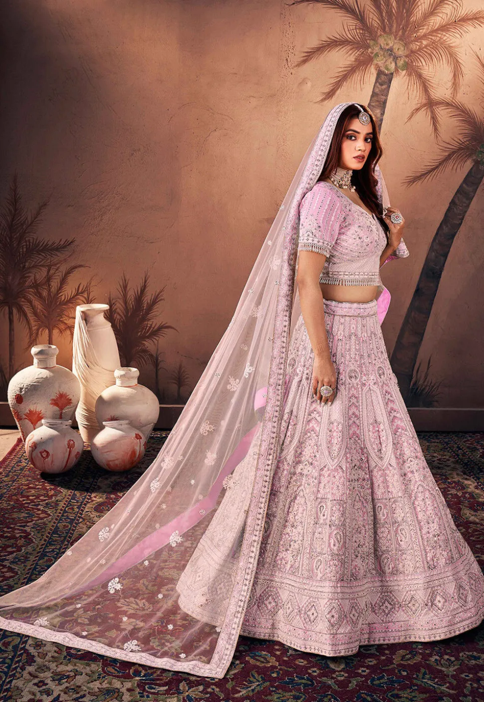 Embroidered Net Lehenga in Pink