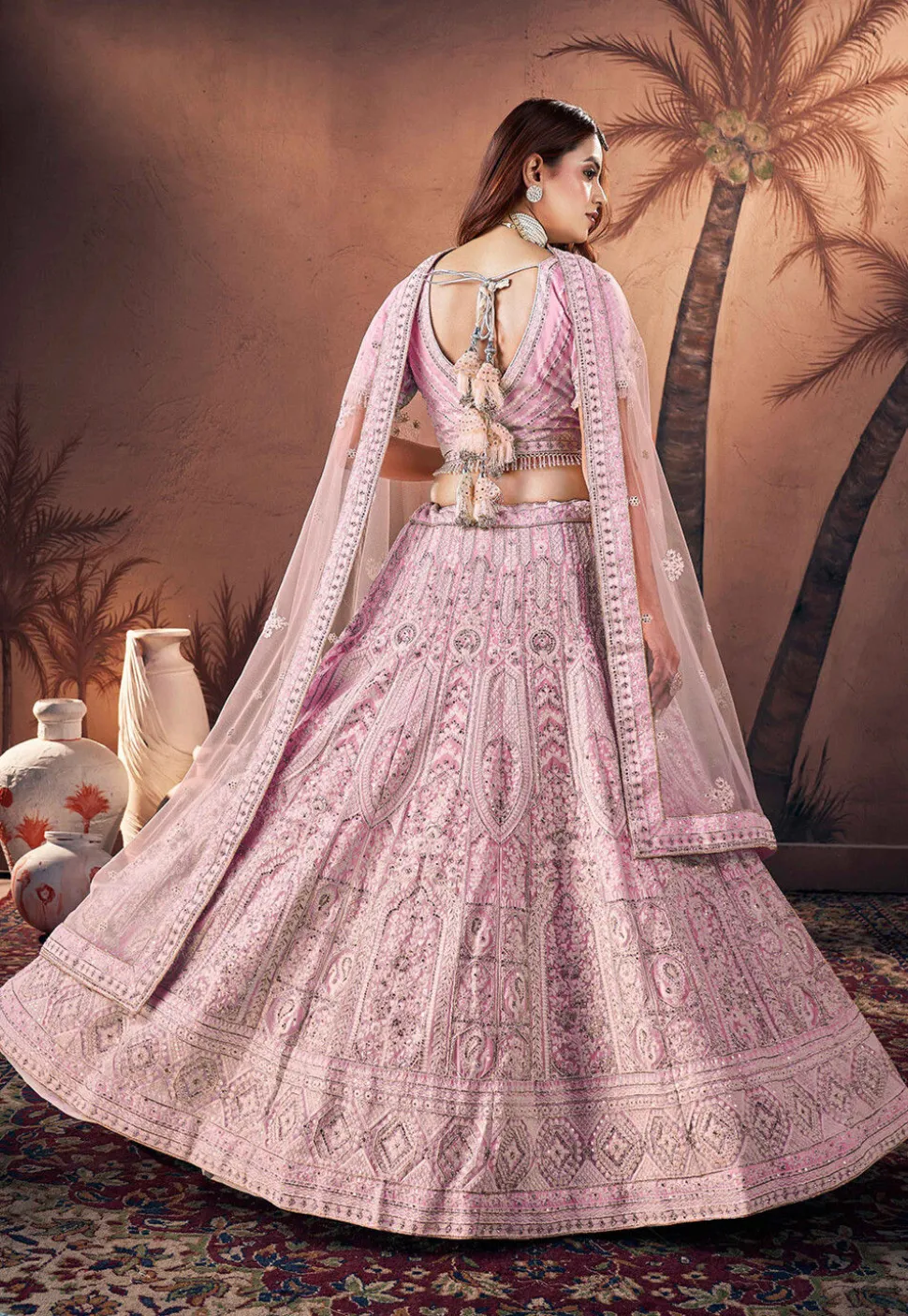 Embroidered Net Lehenga in Pink