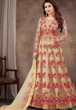 Embroidered Net Lehenga in Beige
