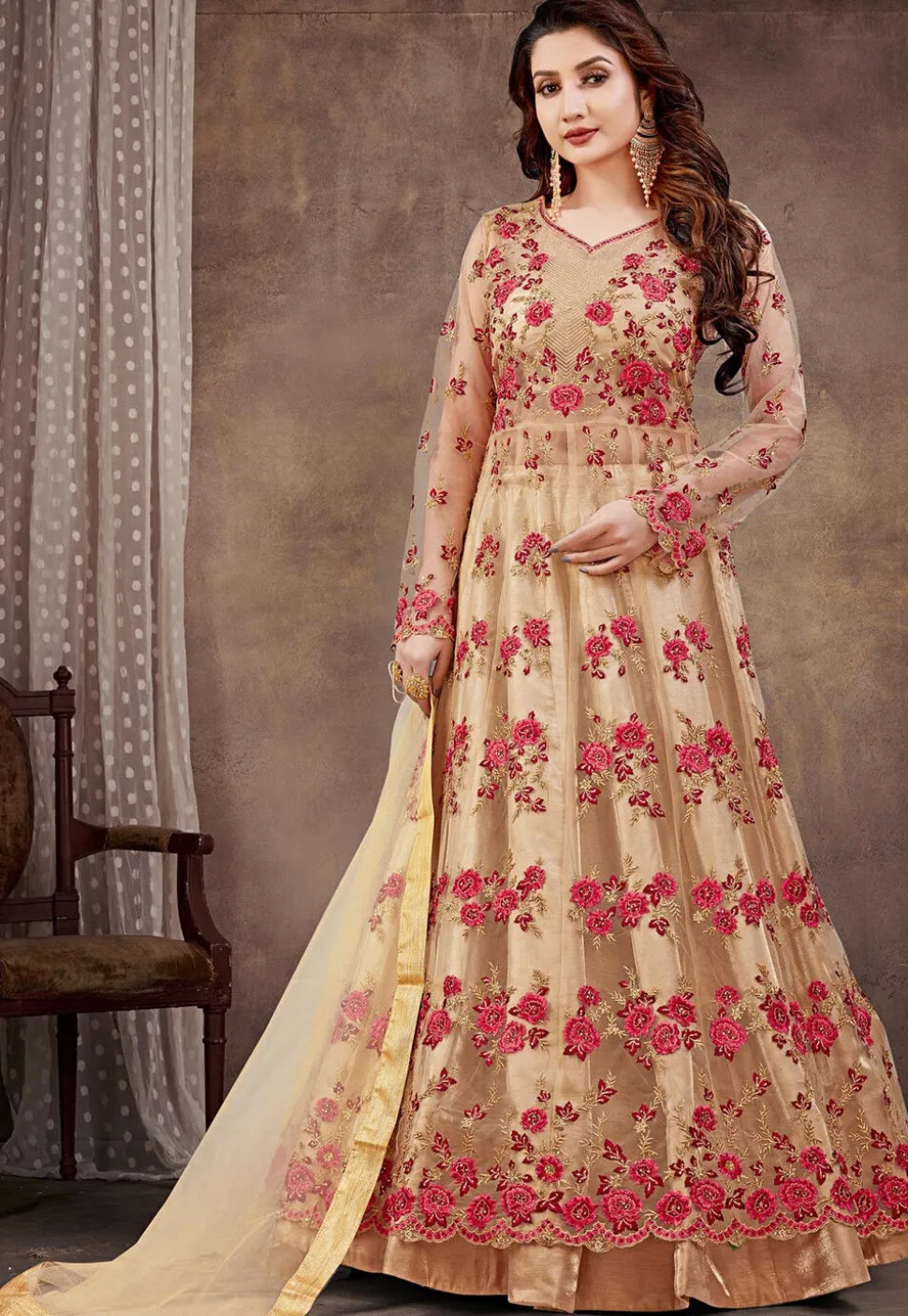 Embroidered Net Lehenga in Beige
